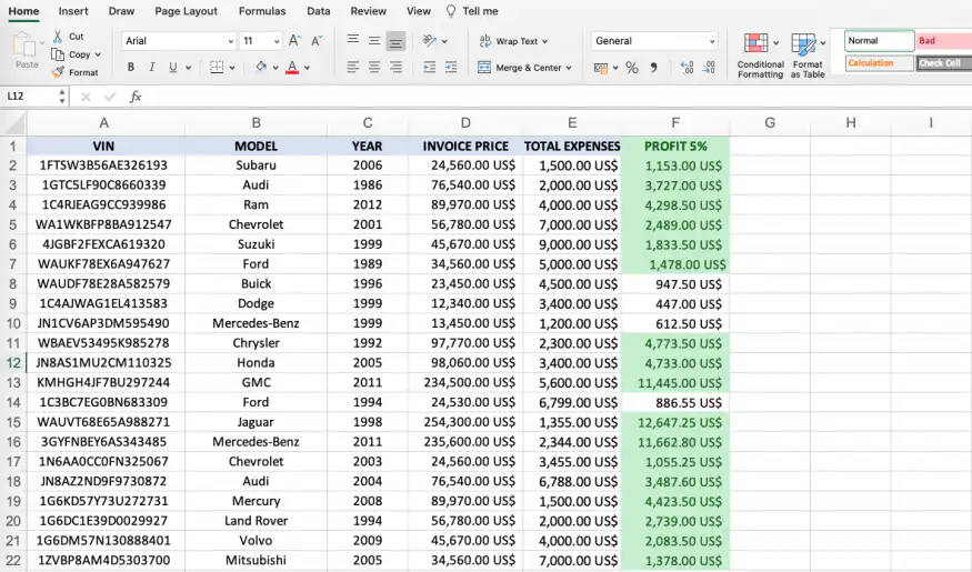 Formatação condicional no Excel — valores de Profit 5% acima de 1.000 destacados em verde