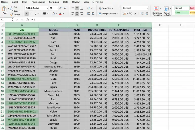 Fórmula de formatação condicional no Excel — células VIN que atendem às duas condições de AND destacadas em verde