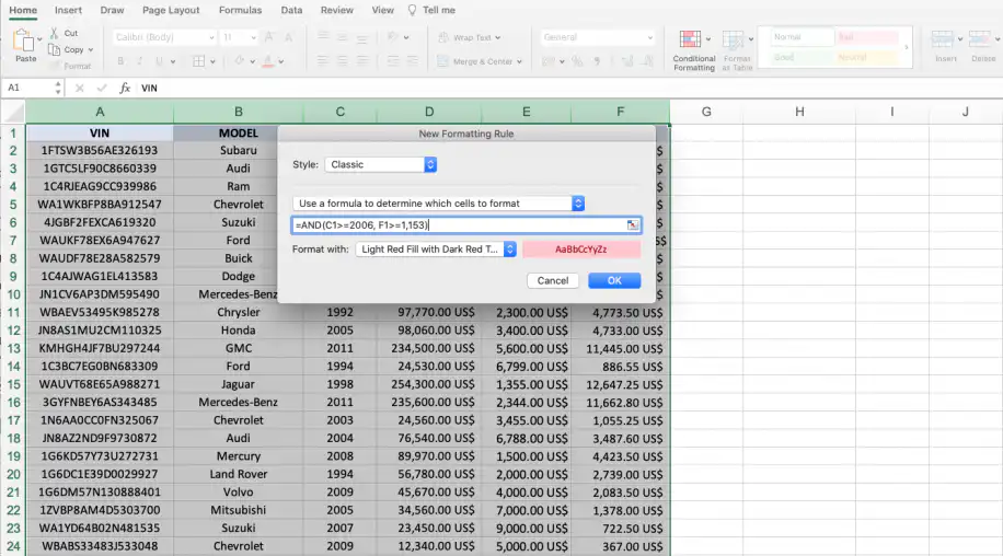 Fórmula de formatação condicional no Excel — fórmula AND nas colunas YEAR e Profit 5% na caixa de diálogo Nova Regra de Formatação