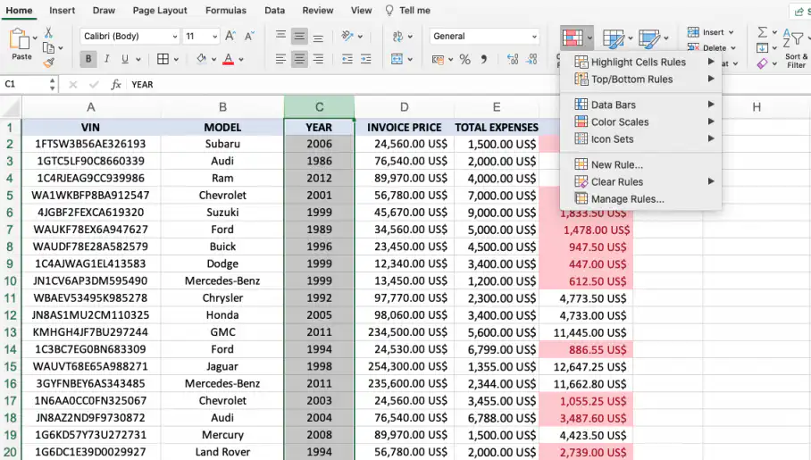 Fórmula de formatação condicional no Excel — menu Formatação Condicional com Nova Regra e a coluna YEAR selecionada