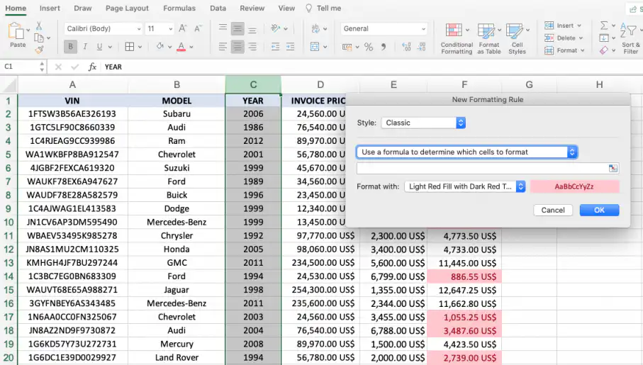 Fórmula de formatação condicional no Excel — caixa de diálogo Nova Regra de Formatação com Usar uma fórmula para determinar quais células devem ser formatadas