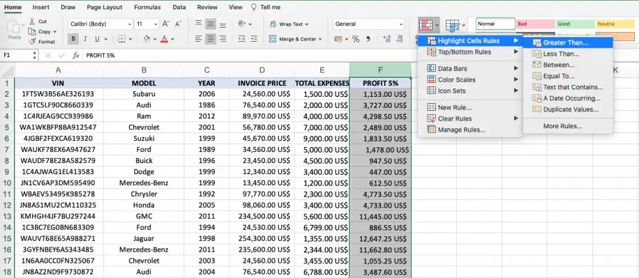 Formatação condicional no Excel — menu Realçar Regras das Células aberto com É Maior do que selecionado sobre a coluna Profit 5%