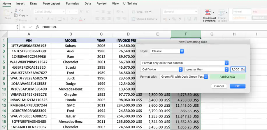 Formatação condicional no Excel — caixa de diálogo Nova Regra de Formatação com Valor da Célula maior que 1.000 e Preenchimento Verde e Texto Verde Escuro