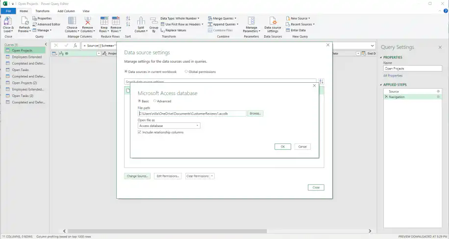 Excel connections — Microsoft Access database dialog with the file path and Browse button