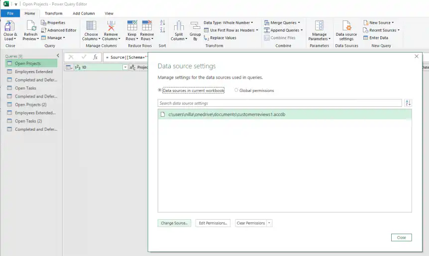 Excel connections — Data source settings dialog with the Access file path and Change Source button