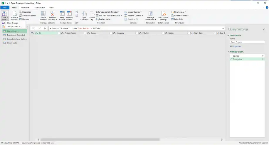 Excel connections — Close and Load menu open in the Power Query Editor