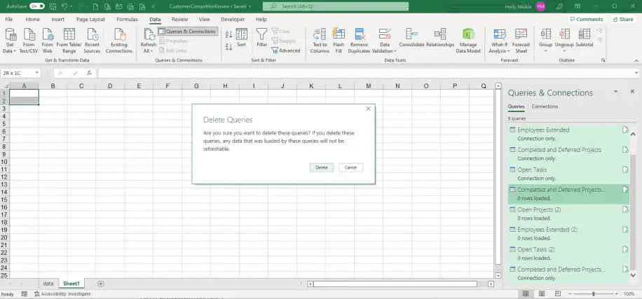 Excel connections — Delete Queries confirmation dialog