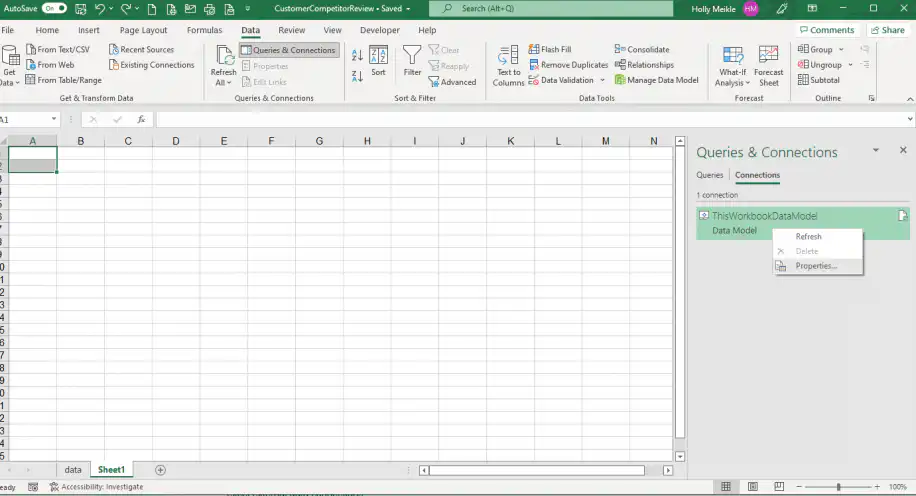 Excel connections — Connections tab with the right-click menu showing Properties
