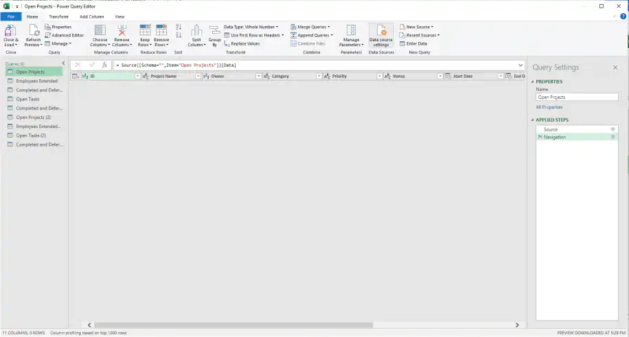Excel connections — Data source settings button in the Power Query Editor ribbon
