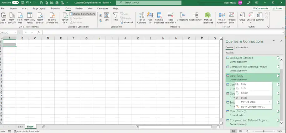 Excel connections — right-click menu on the selected queries with the Delete option