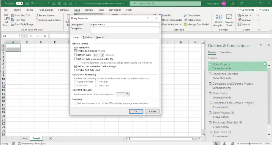 Excel connections — Query Properties window with Enable background refresh checked