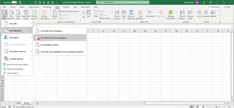 Excel connections — From Database submenu with From Microsoft Access Database highlighted