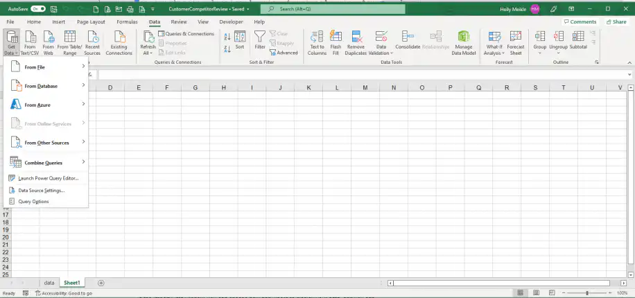 Excel connections — Get Data menu open on the Data tab with From File, From Database and From Azure