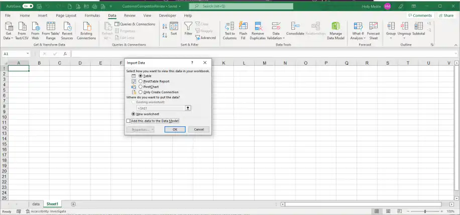 Excel connections — Import Data dialog with Table, PivotTable Report, PivotChart and Only Create Connection