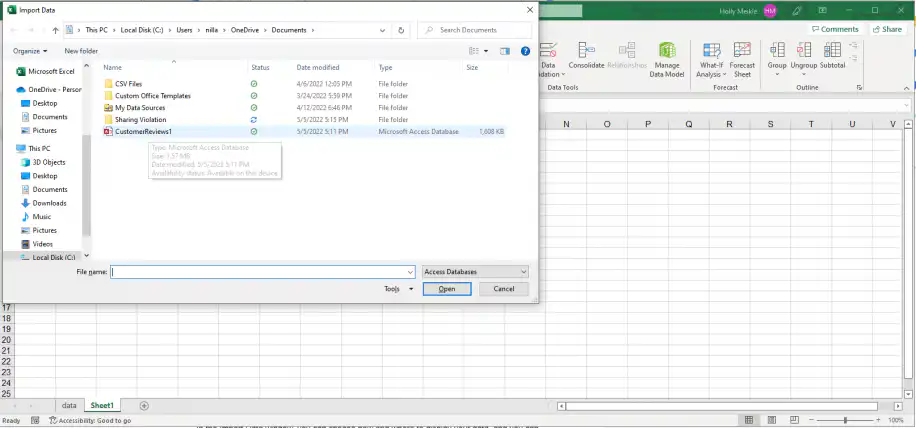 Excel connections — Import Data dialog with an Access database file selected
