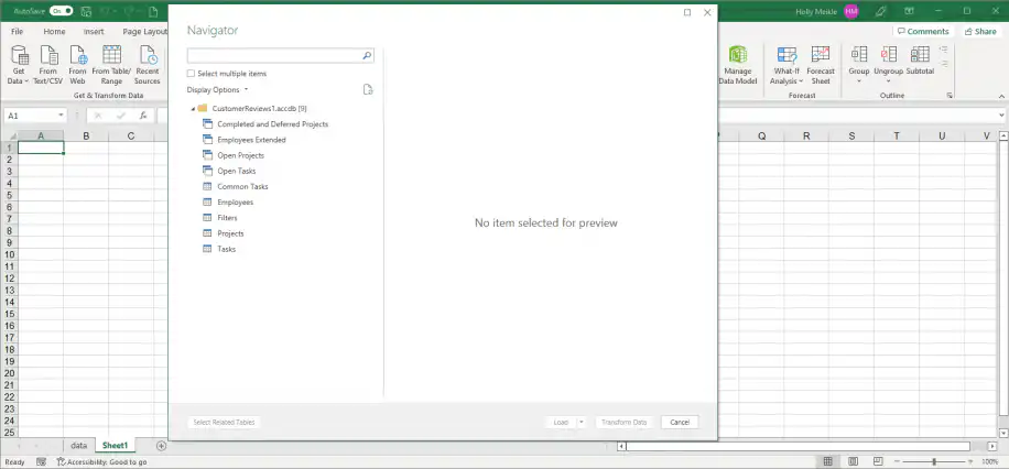 Excel connections — Navigator pane listing the database tables with no item selected