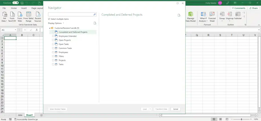 Excel connections — Navigator with Select multiple items ticked