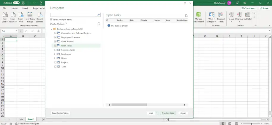 Excel connections — Navigator preview of Open Tasks with the Load and Transform Data buttons