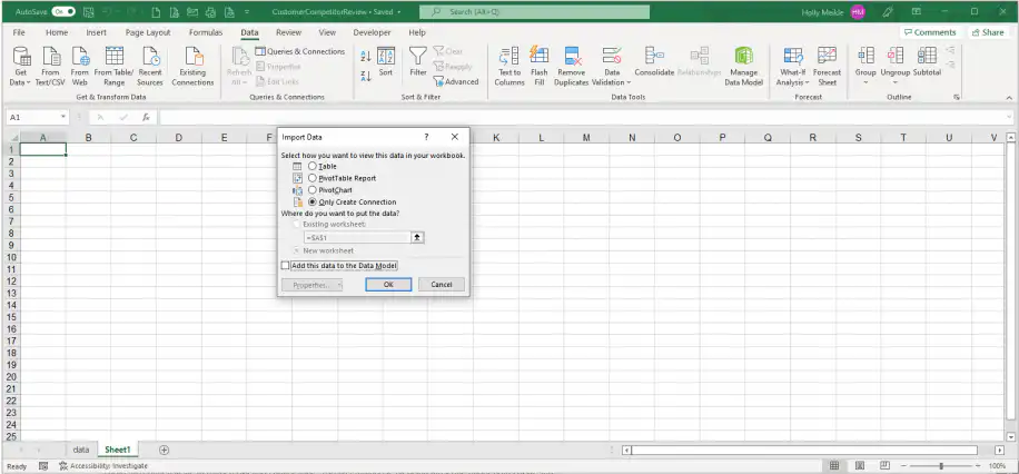 Excel connections — Only Create Connection selected in the Import Data dialog