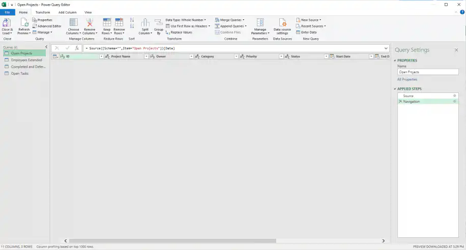 Excel connections — Power Query Editor with the Open Projects query and Query Settings