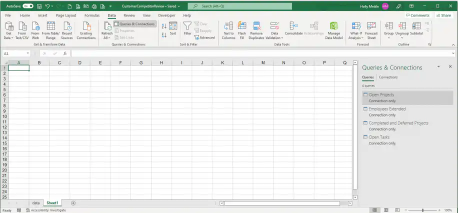 Excel connections — Queries and Connections pane listing four connection-only queries