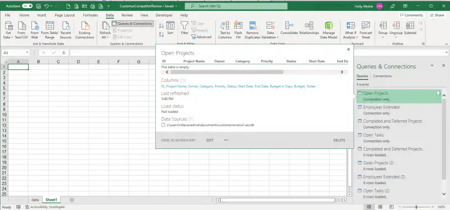 Excel connection — Open Projects query details from the Queries and Connections pane