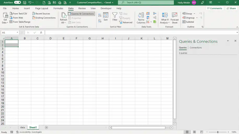 Excel connections — Queries and Connections pane showing 0 queries