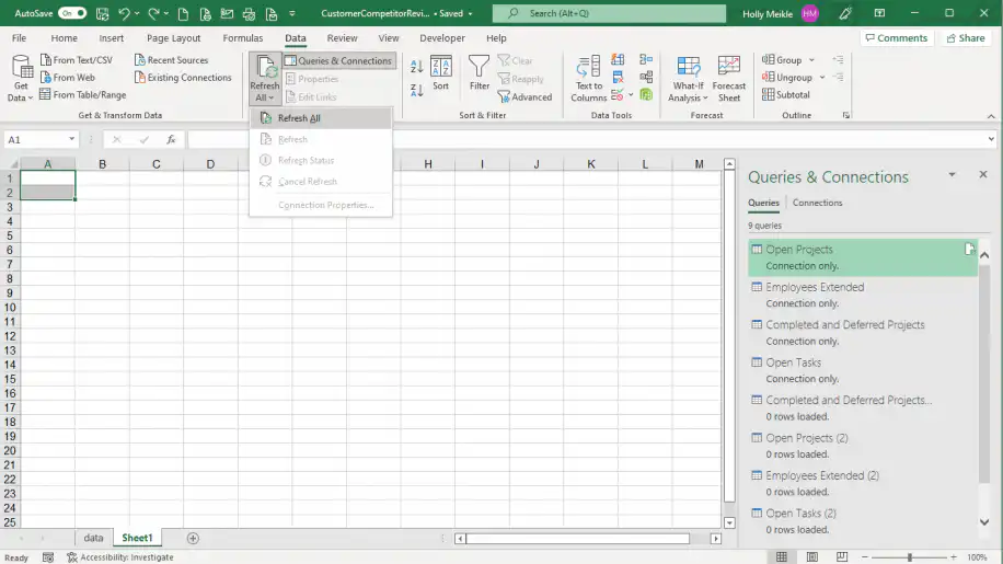Excel connections — Refresh All menu open on the Data tab