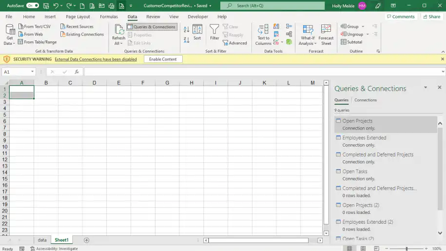 Excel data connections — security warning bar with the Enable Content button