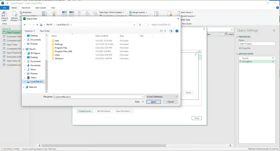 Excel connections — File Explorer window to choose the new Access database file