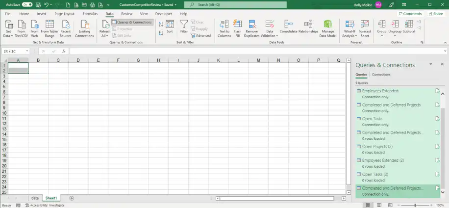 Excel connections — several queries selected in the Queries and Connections pane