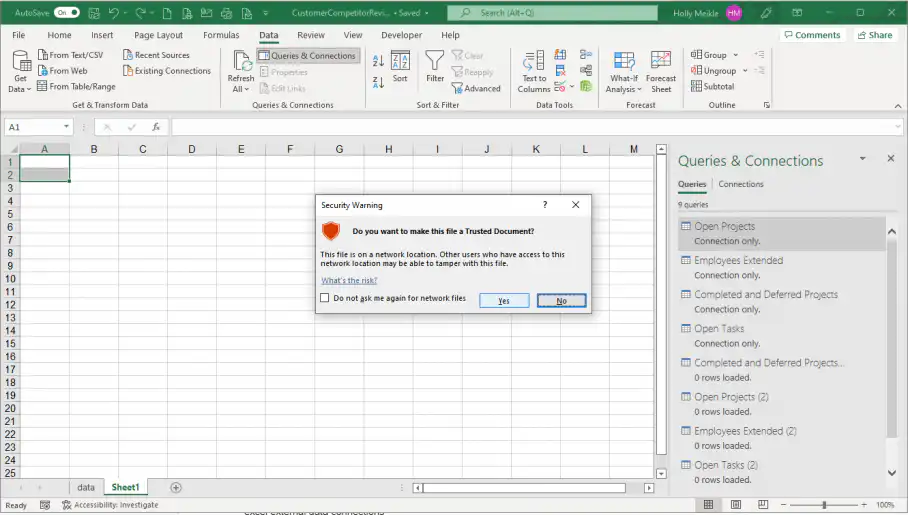 Excel connections — Security Warning asking to make the file a trusted document