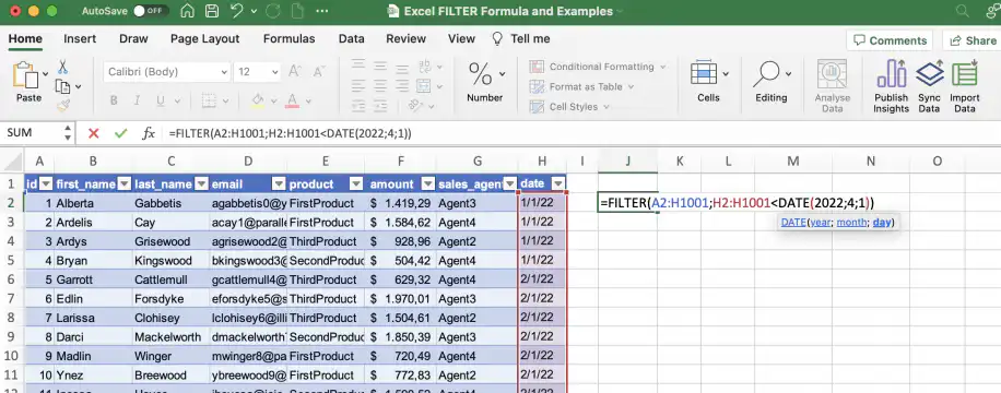 Função FILTER do Excel — condição H2:H1001 anterior a DATE(2022;4;1) com a coluna de data destacada