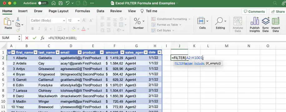 Função FILTER do Excel — =FILTER(A2:H1001; digitado na célula J2 para um filtro por data