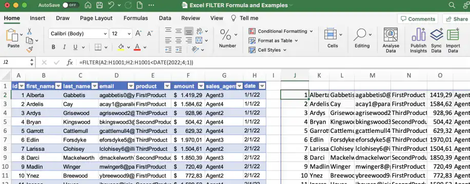 Função FILTER do Excel — registros anteriores a 1º de abril de 2022 retornados a partir da célula J2