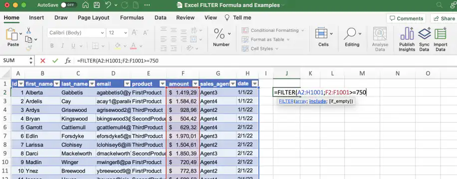Função FILTRO no Excel — condição F2:F1001 maior ou igual a 750 na coluna de valor