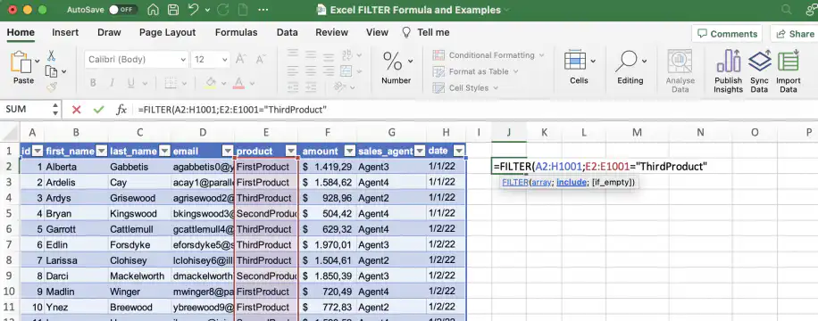 Função FILTER do Excel — =FILTER(A2:H1001;E2:E1001=ThirdProduct) com a coluna de produto destacada