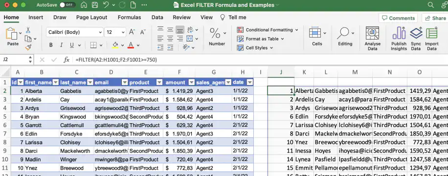 Função FILTRO no Excel — registros com valores de 750 ou mais retornados a partir da célula J2