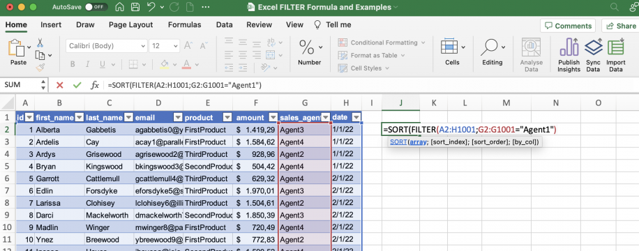 FILTER do Excel com SORT — condição G2:G1001=Agent1 com a coluna sales_agent destacada