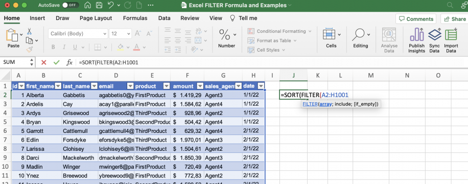 FILTER do Excel com SORT — =SORT(FILTER(A2:H1001 digitado na célula J2
