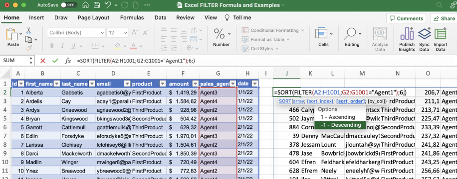 FILTER do Excel com SORT — índice de classificação 6 digitado e as opções 1 Crescente e -1 Decrescente na lista