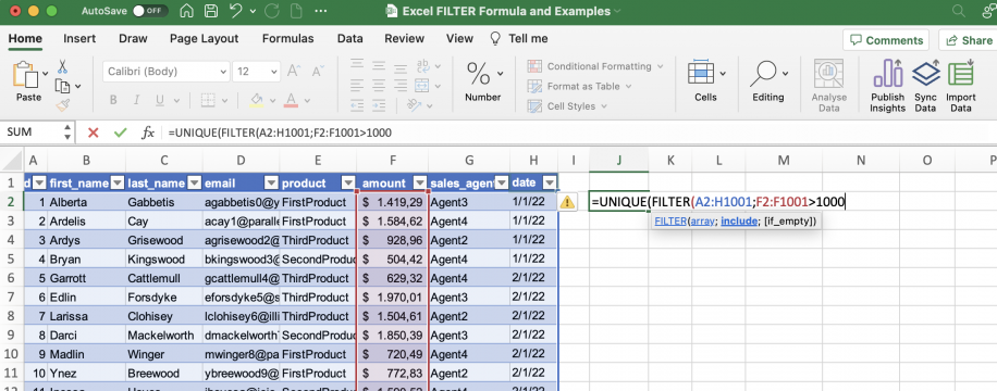 FILTER do Excel com UNIQUE — condição F2:F1001 maior que 1000 dentro da fórmula com UNIQUE e FILTER