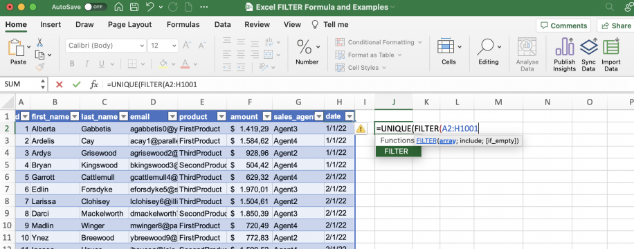 FILTER do Excel com UNIQUE — =UNIQUE(FILTER(A2:H1001 digitado na célula J2 com FILTER na lista de sugestões