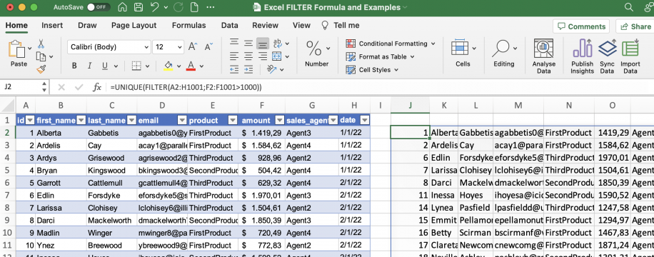 FILTER do Excel com UNIQUE — registros únicos com valores acima de 1000 retornados a partir da célula J2
