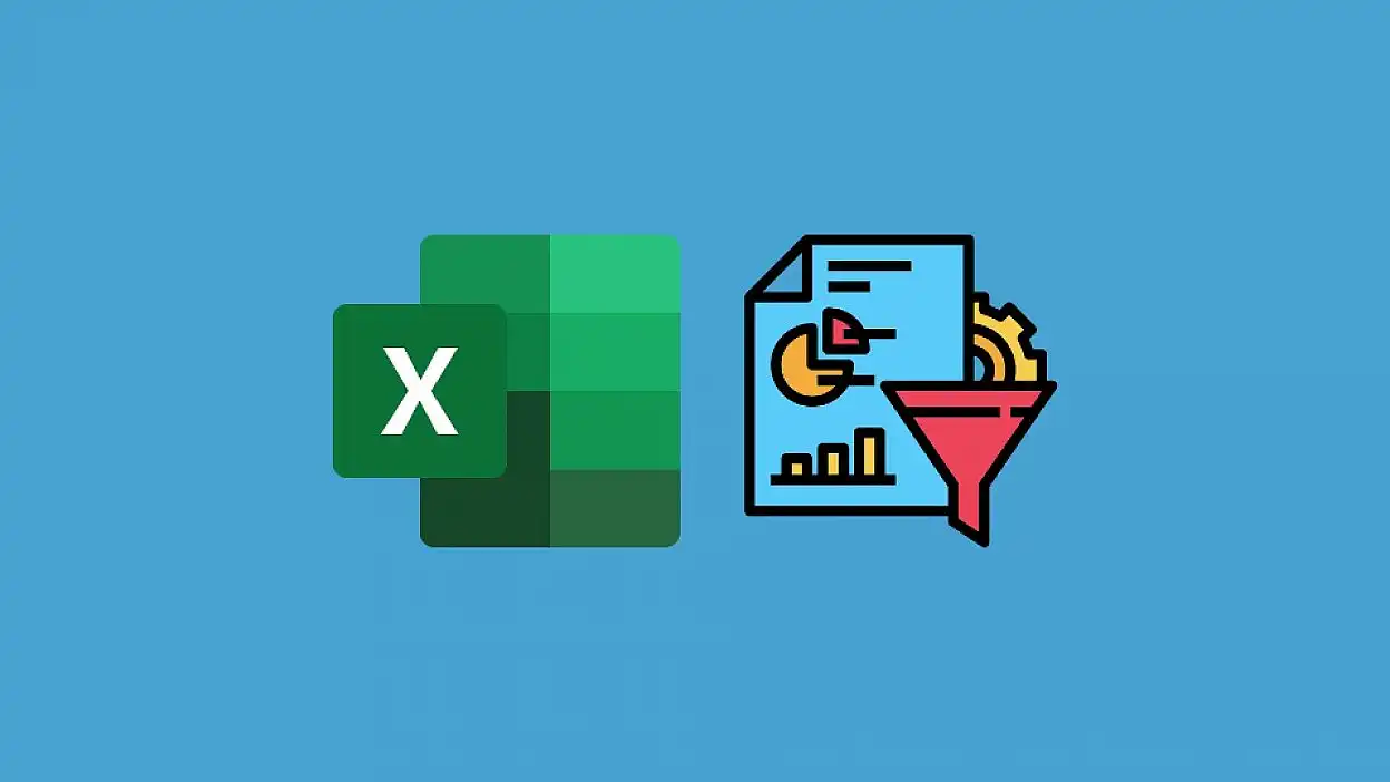 Função FILTER do Excel — logotipo do Excel ao lado de um ícone de relatório com um funil vermelho sobre fundo azul