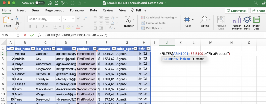 FILTER do Excel com várias condições AND — primeira condição (E2:E1001=FirstProduct) depois da matriz