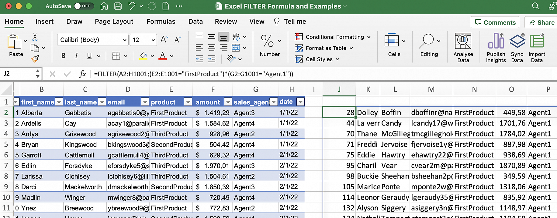 FILTER do Excel com várias condições AND — registros de FirstProduct do Agent1 retornados a partir da célula J2