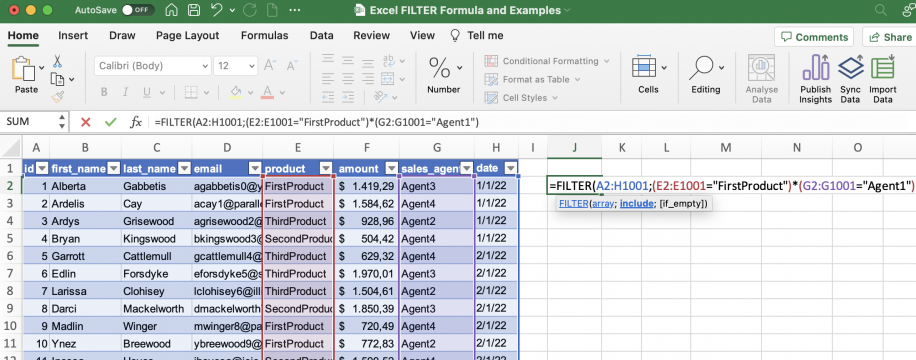 FILTER do Excel com várias condições AND — asterisco unindo a condição de produto e (G2:G1001=Agent1)