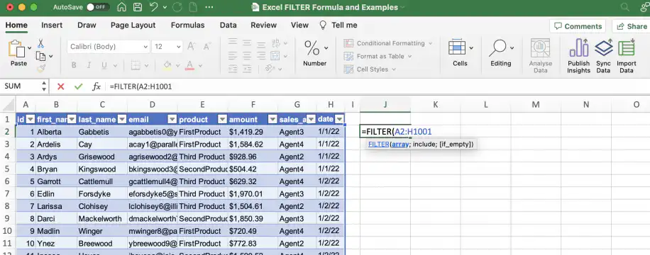 FILTER do Excel com várias condições OR — =FILTER(A2:H1001 digitado na célula J2