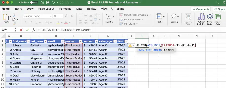 FILTER do Excel com várias condições OR — primeira condição (E2:E1001=FirstProduct) entre parênteses
